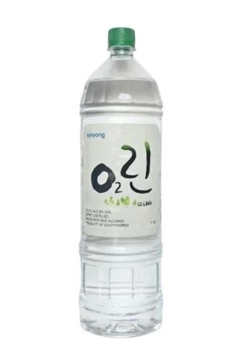 A clear plastic water bottle with a green cap and a minimalist label with black and green Korean characters.