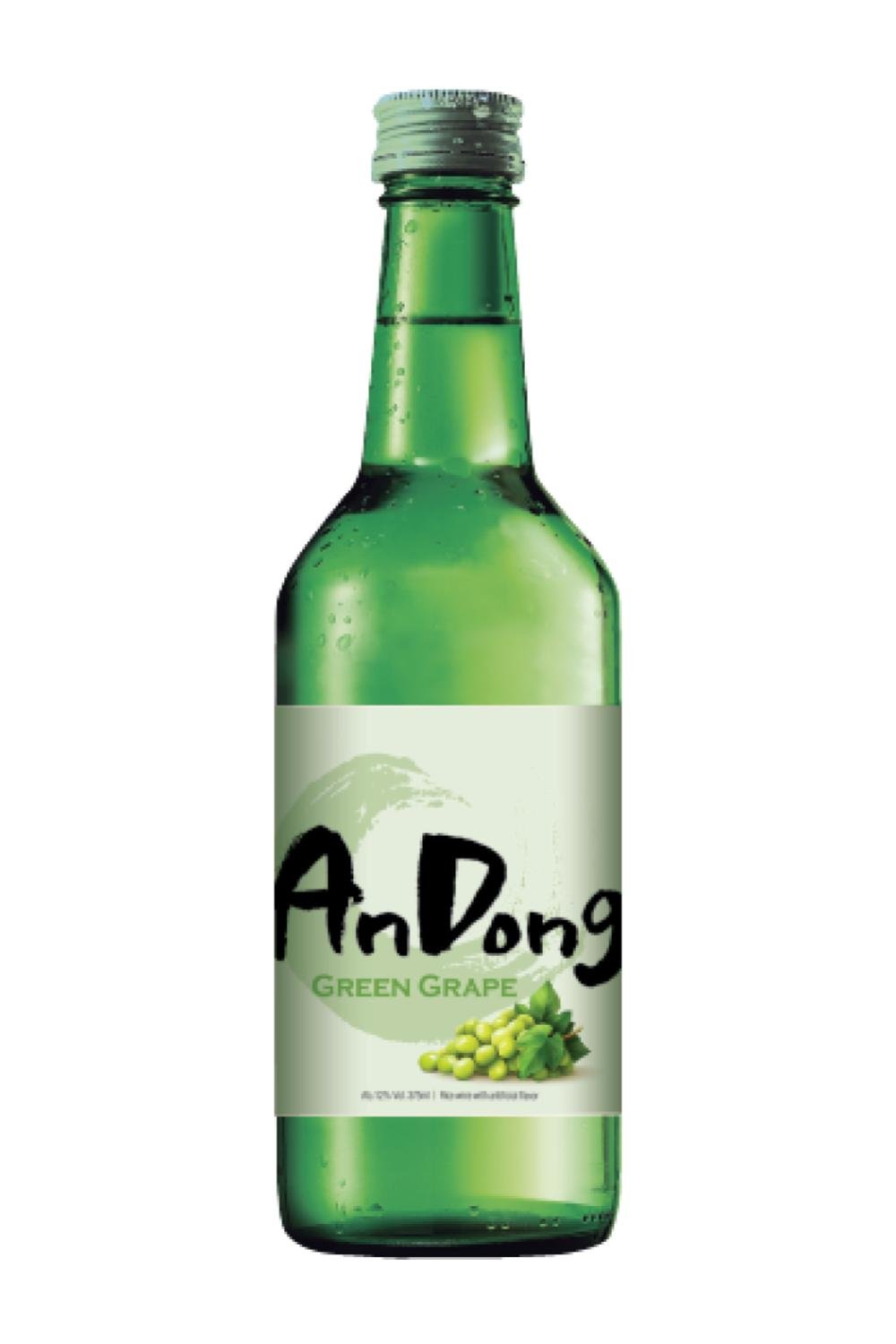 Green glass bottle of An Dong Green Grape beverage with label featuring grapes and the brand name.