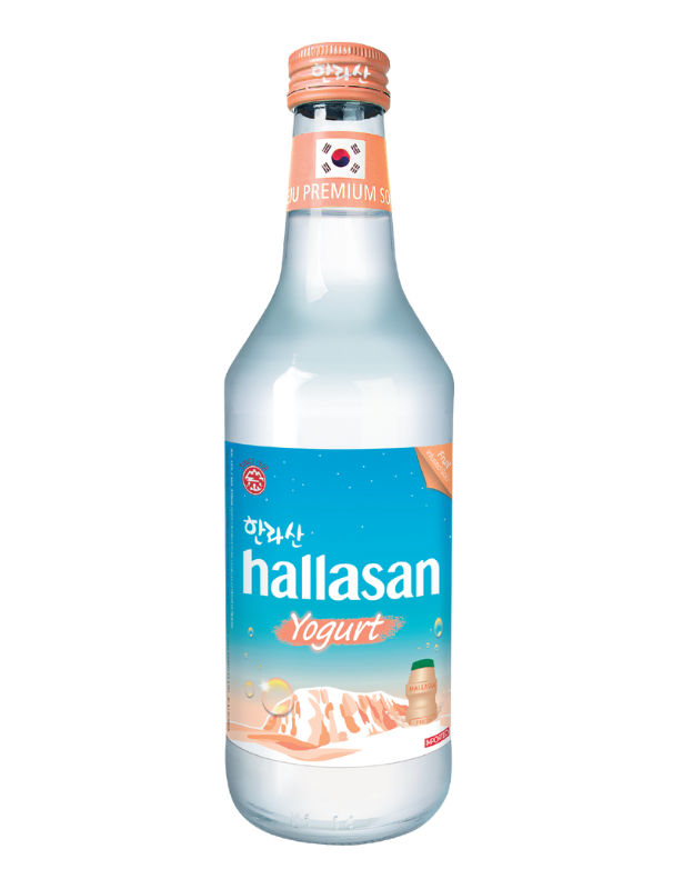 Glass bottle of Hallasan yogurt drink with a blue label and orange cap, featuring an illustration of mountain scenery and a small yogurt container