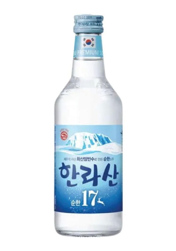 A bottle of Korean bottled water with a label featuring an iceberg and Korean characters, and a cap with a South Korean flag design.