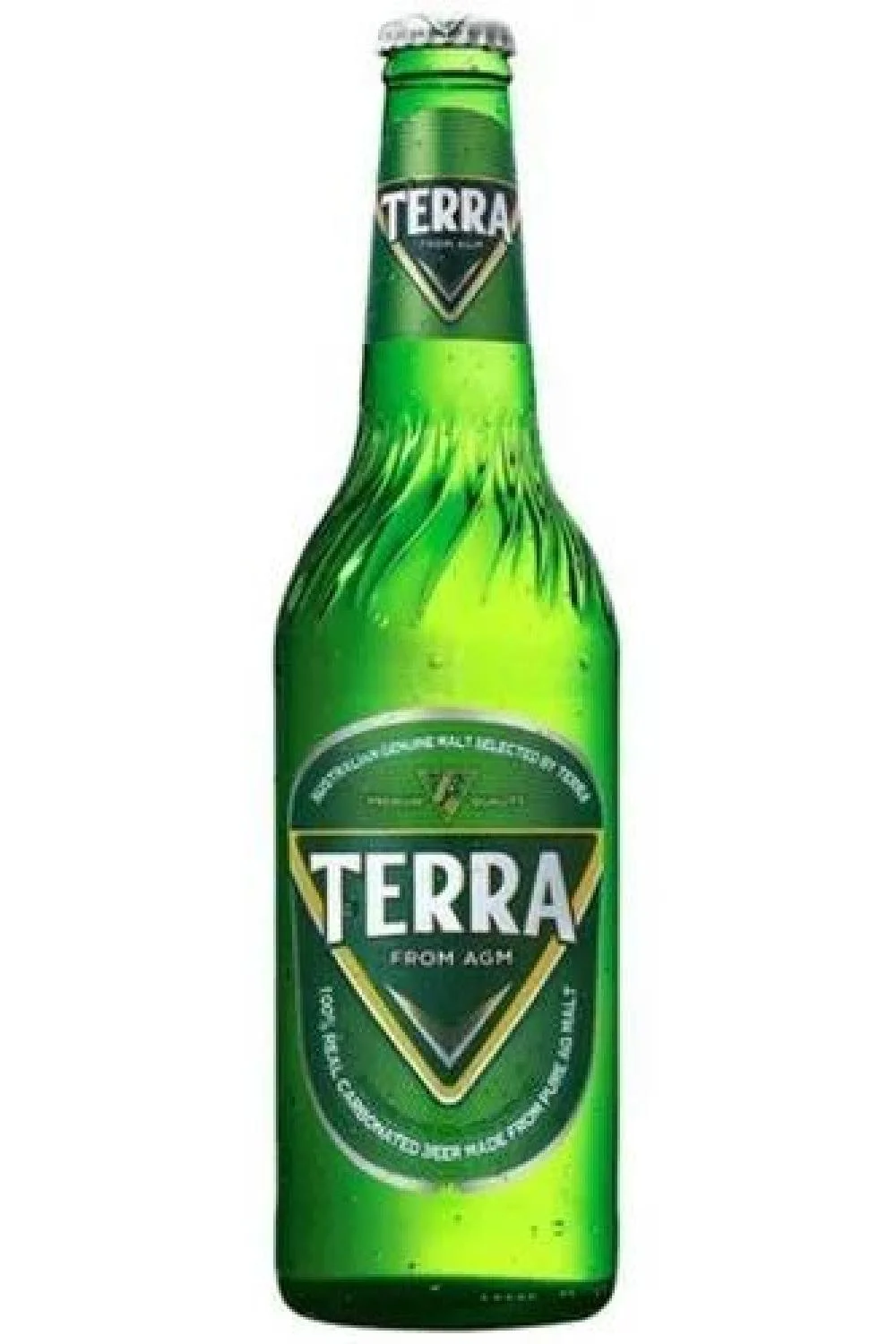 Green glass bottle of Terra from A&H beer with a label and cap.