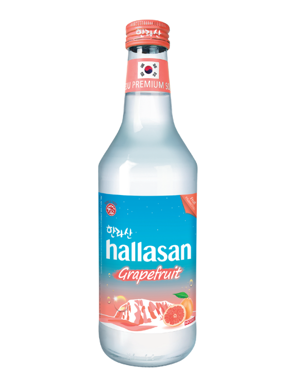 A clear glass bottle of Hallasan Grapefruit soda with a pink and blue label featuring a grapefruit illustration and Korean text.