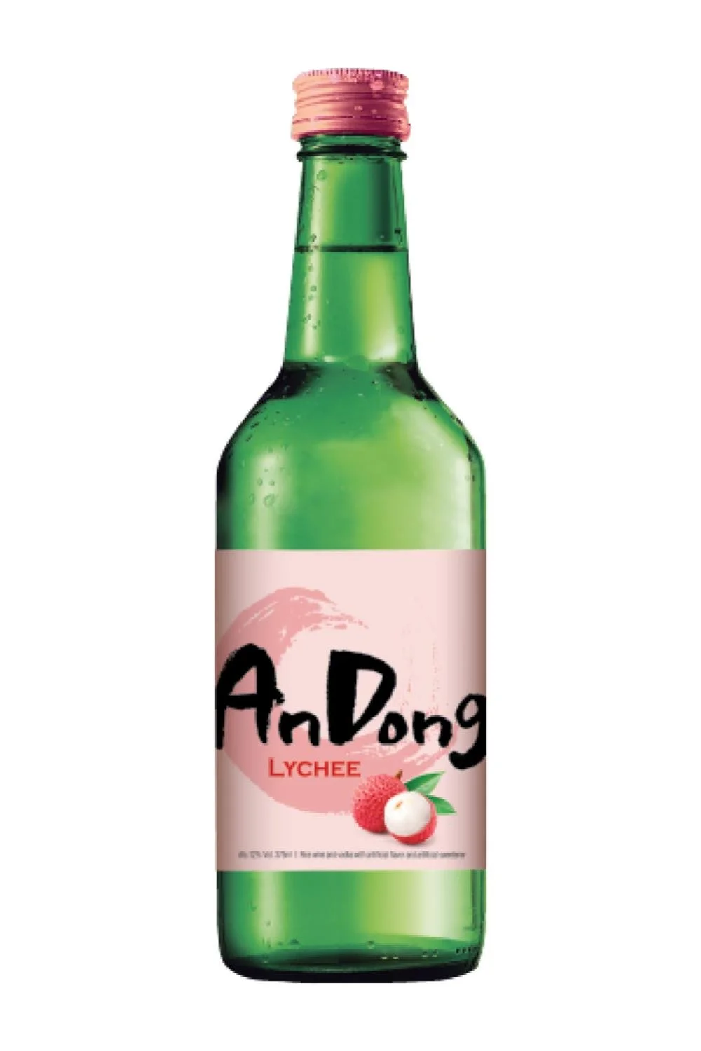 Green glass bottle of lychee-flavored beverage with pink label and black text that reads 'AnDong Lychee' and an image of a lychee fruit.