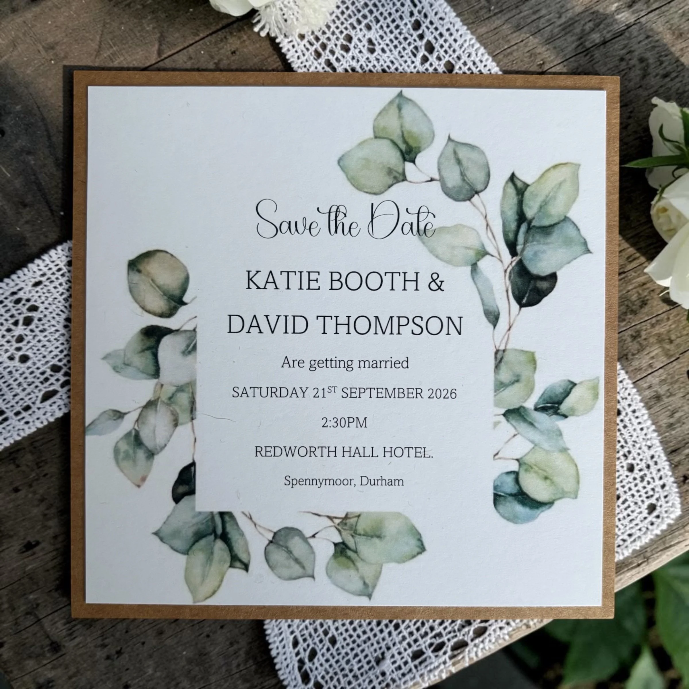 Save the Date card with watercolor eucalyptus leaves and black script, announcing a wedding on Saturday, September 21, 2026, at 2:30 PM at Redworth Hall Hotel in Spennymoor, Durham.