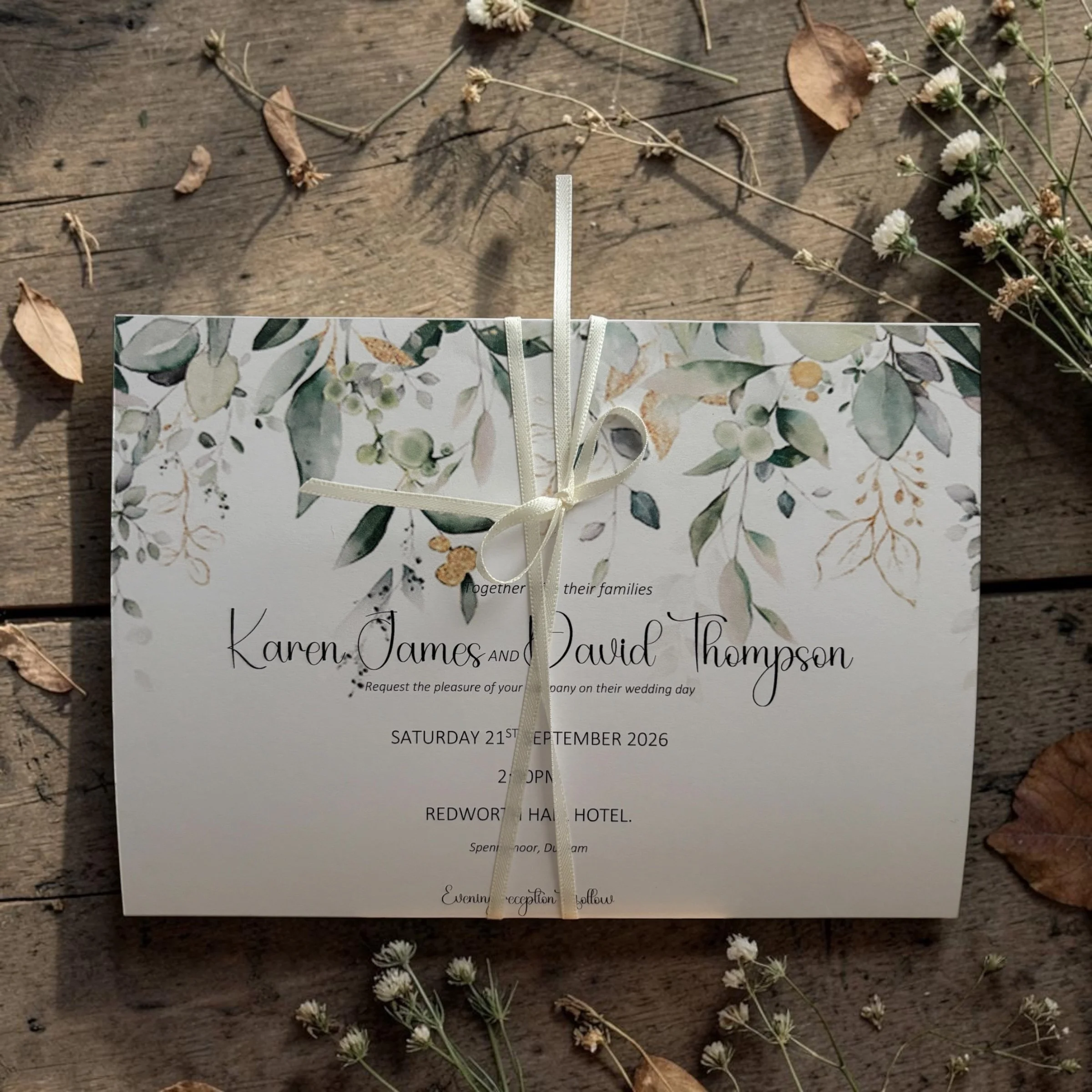 A wedding invitation card on a wooden surface, decorated with scattered dried flowers and leaves. The card has floral illustrations and text including names and details of a wedding event.