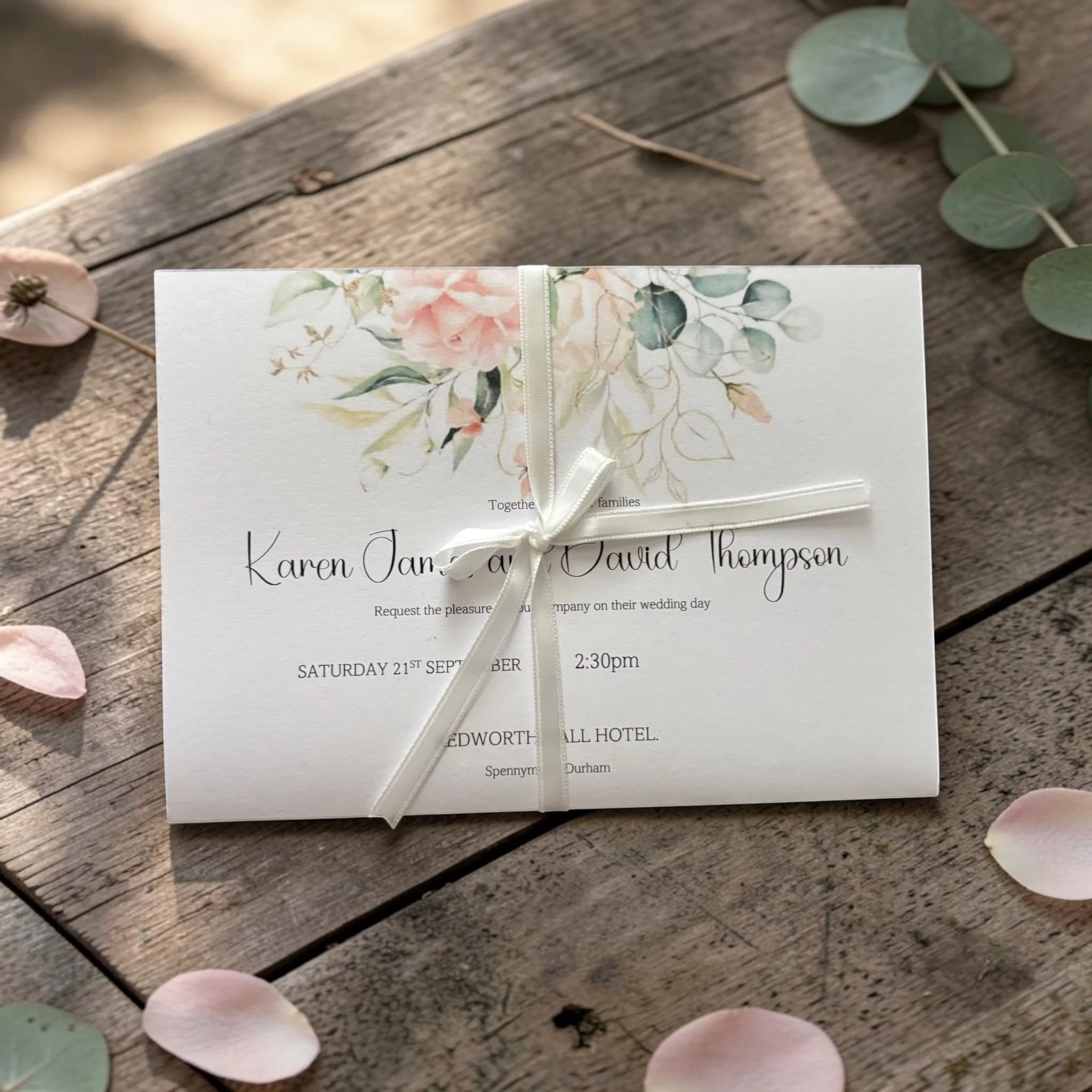 A wedding invitation card tied with a white satin ribbon, resting on a rustic wooden surface with eucalyptus leaves and pink flower petals scattered around.