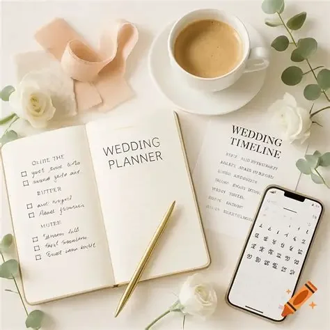 A workspace with a wedding planner and timeline, a cup of coffee, a gold pen, a smartphone, and decorative flowers and ribbons.