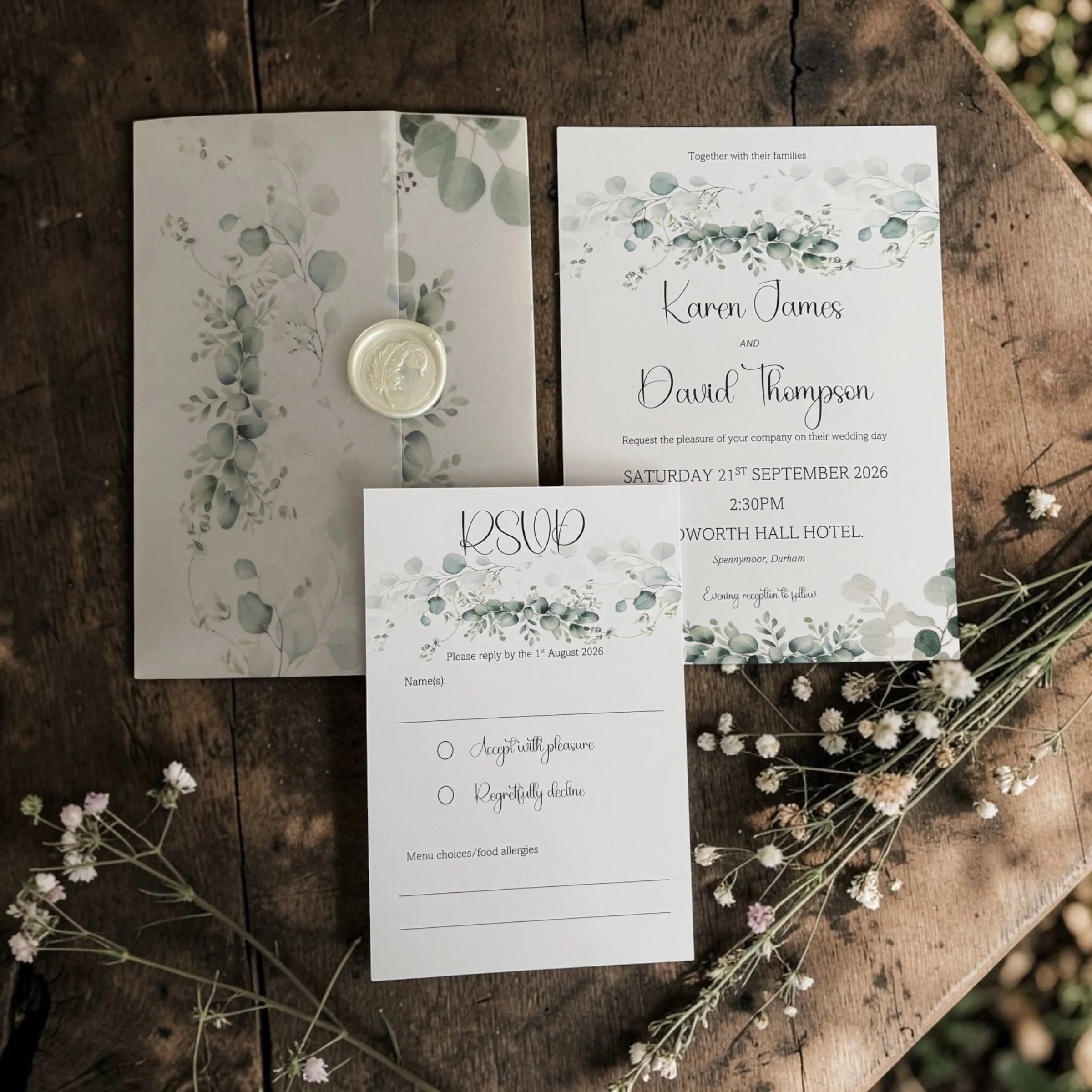 A wedding invitation with a botanical design, placed on a wooden surface, surrounded by small white flowers.