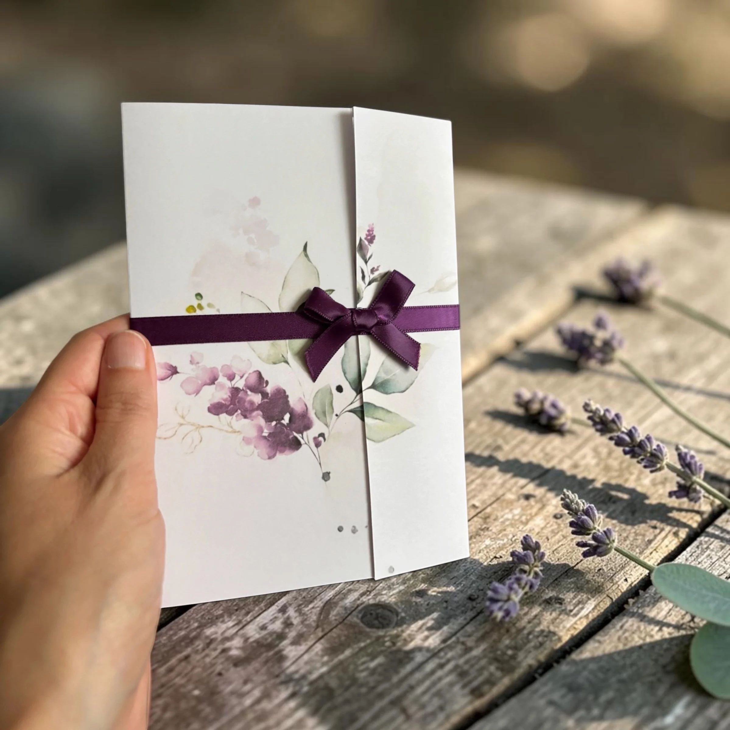 Person holding a white card with floral design and purple ribbon, outdoors on wooden surface, surrounded by lavender flowers.