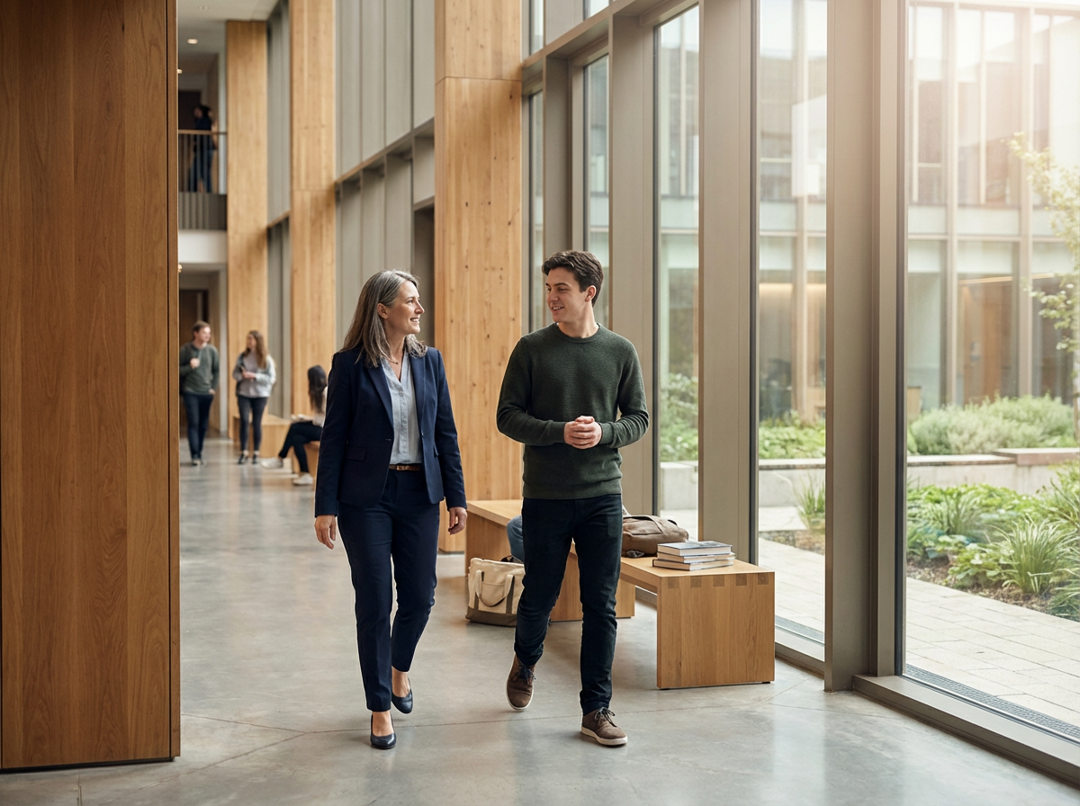 Two people, a woman and a young man, walking and talking inside a modern building with large windows and wooden accents.
