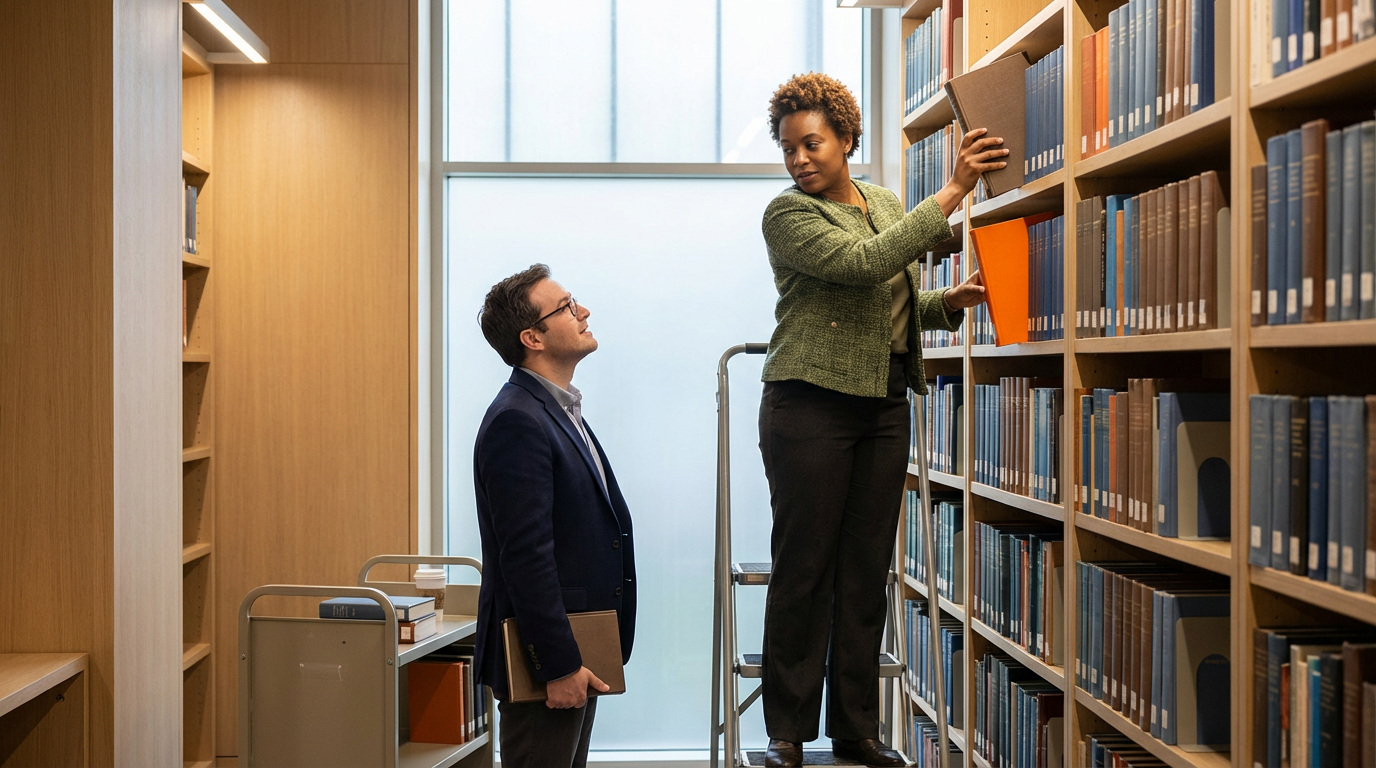 A woman on a ladder scanning books on a library shelf while a man stands below holding a book and looking up at her.