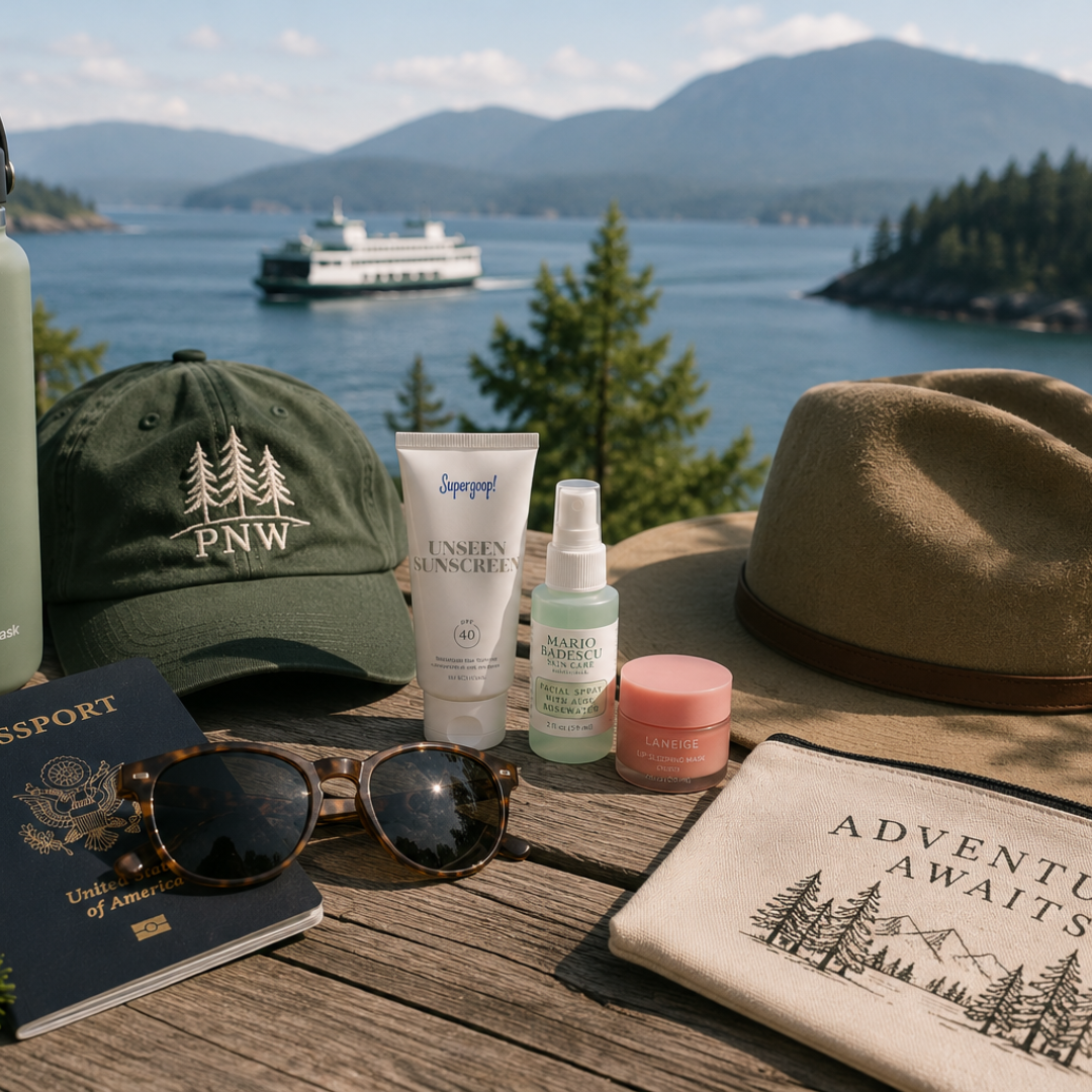 Travel essentials and self-care items arranged for summer vacation preparation.