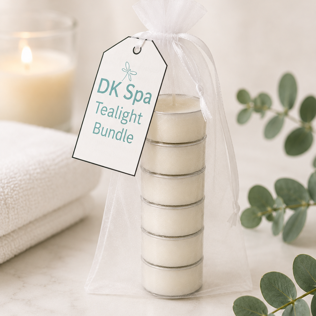 Six-piece scented tealight candle bundle by DK Spa in an organza gift bag.
