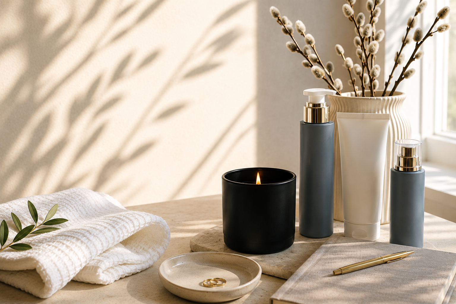 Skincare products, candle, and spa decor arranged in natural sunlight, creating a calm and relaxing self-care setting.