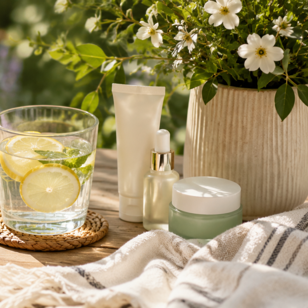 Summer skincare products and spa essentials arranged in natural light to promote healthy glowing skin.