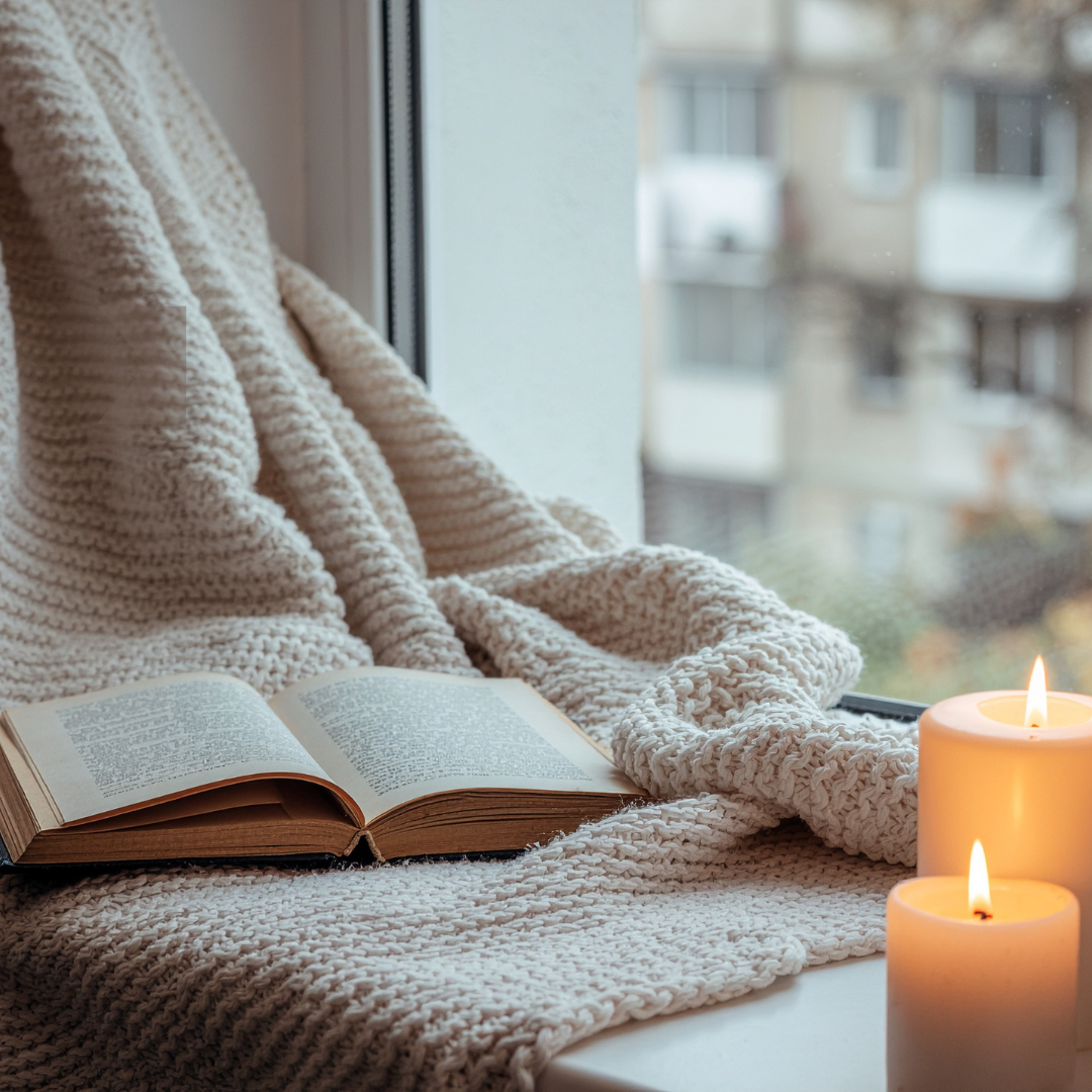 Cozy winter skincare scene with a candle and blanket representing gentle post-holiday skin care.