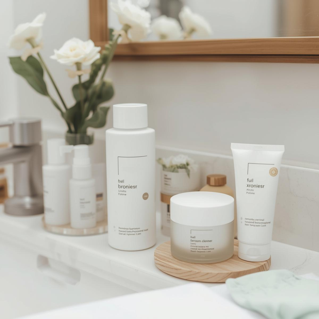 Winter skincare products displayed beside a bathroom sink in soft natural light.