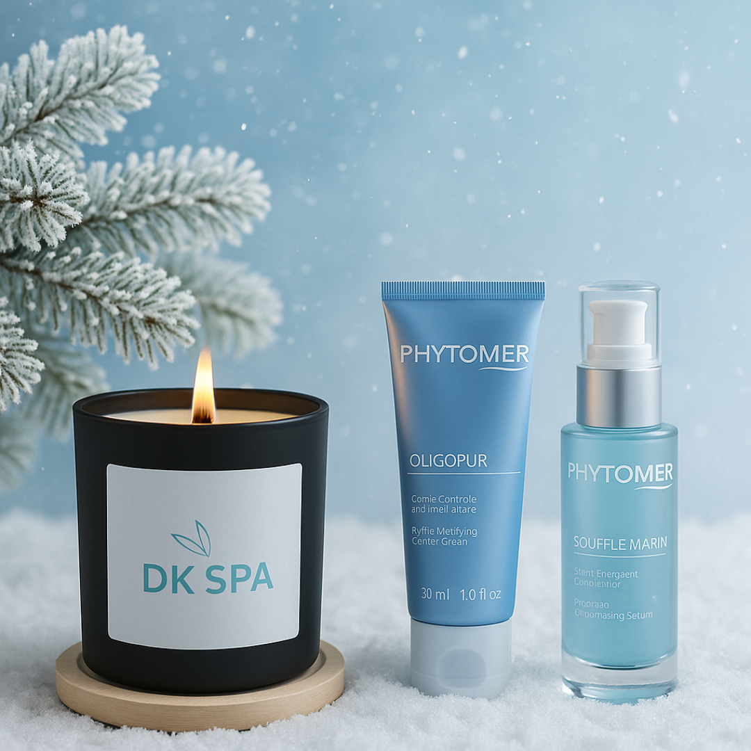 Winter skincare products and candle displayed in a snowy seasonal setting.