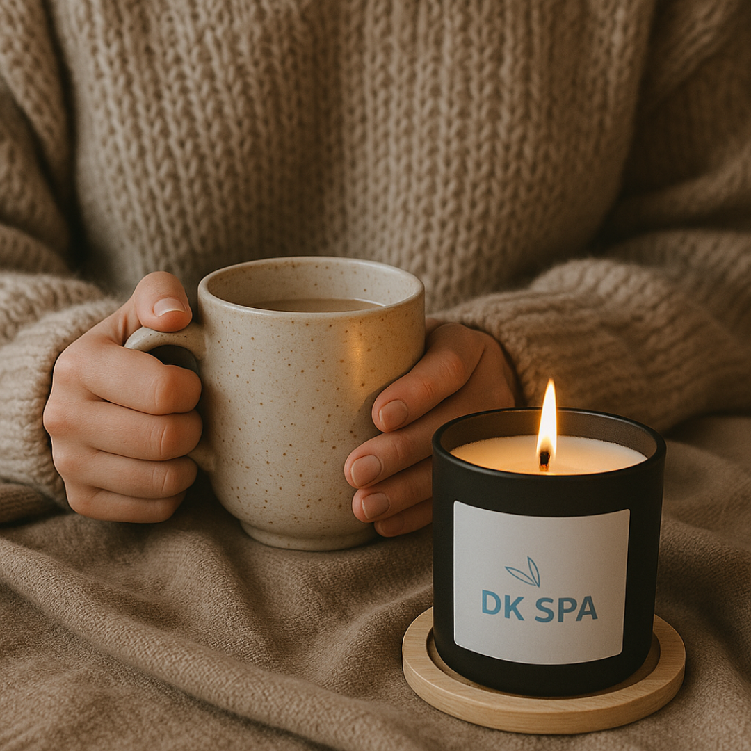 Person holding a warm mug beside a lit candle during the holiday season.