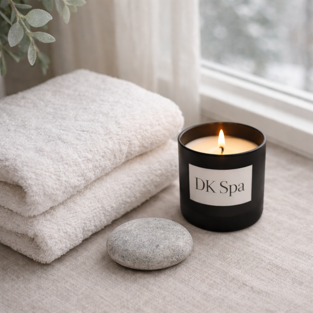 Folded towels, spa candle, and smooth stones creating a peaceful winter spa atmosphere.