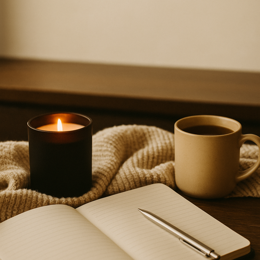 Journal, candle, and warm drink arranged for a relaxing gratitude and self-care moment.