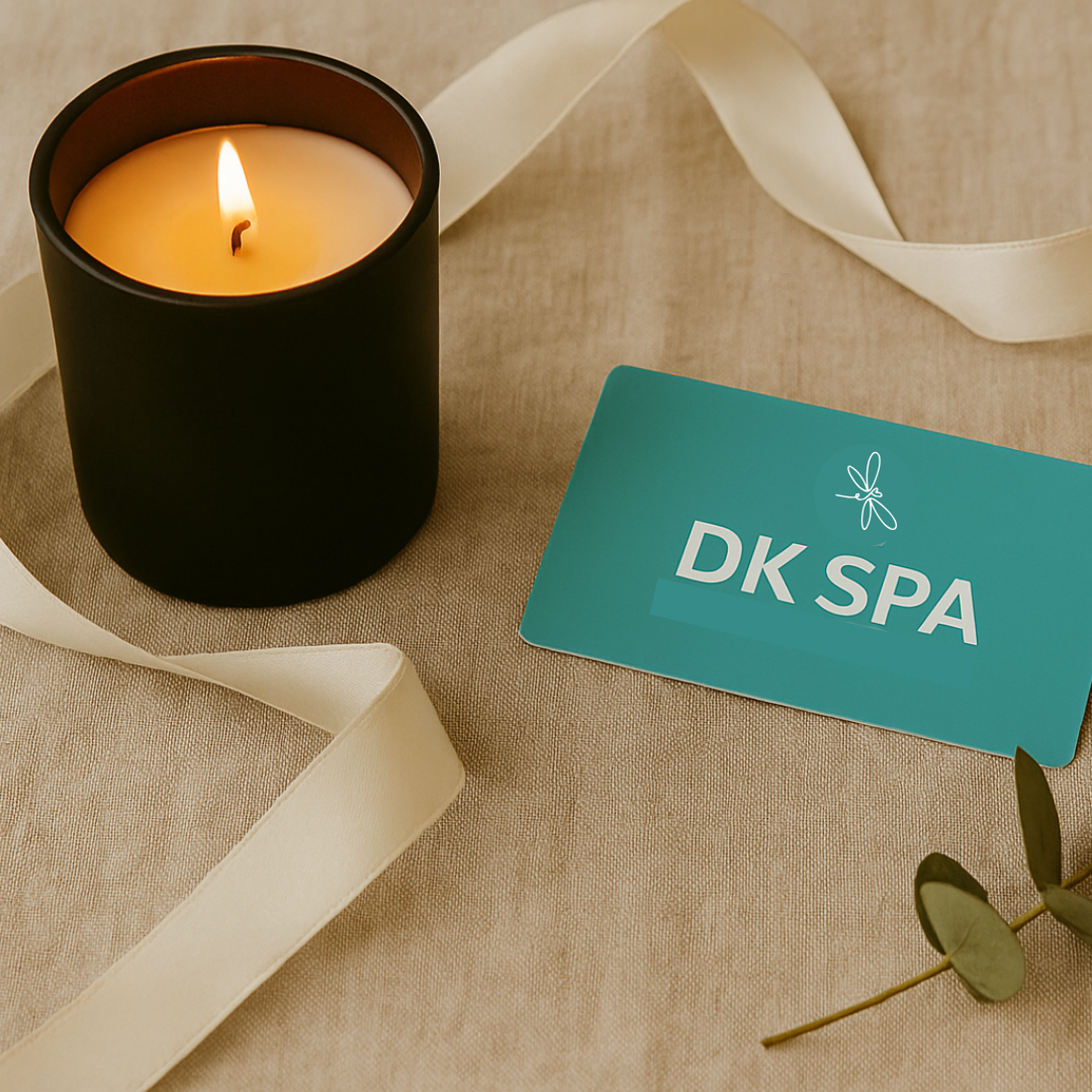 DK Spa candle and gift card displayed together as a holiday gift idea.