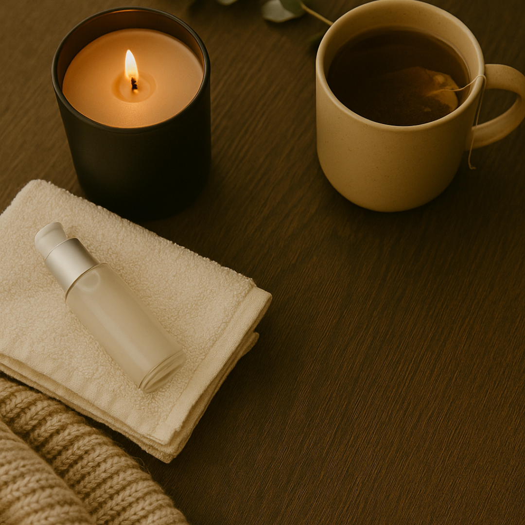Lit candle, warm tea, folded towel, and skincare products arranged for a relaxing self-care routine.