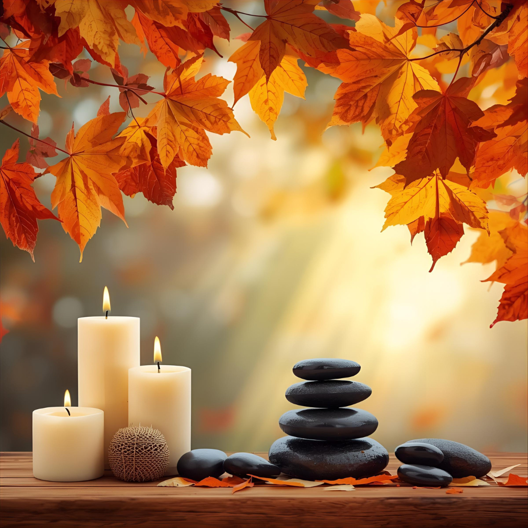 Relaxing fall spa display with candles and stones promoting seasonal wellness.