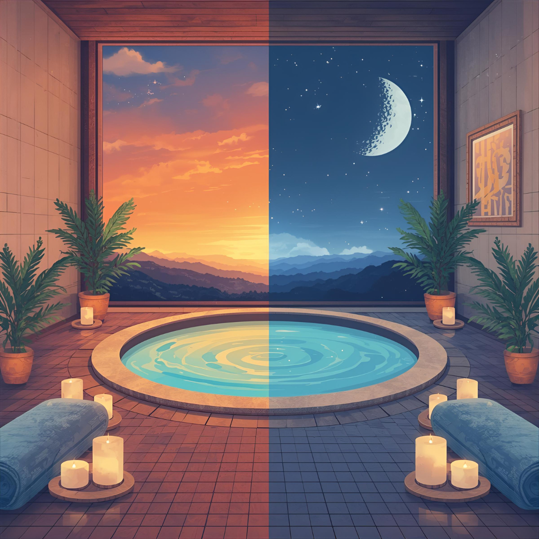 Spa-inspired illustration symbolizing the correct order of morning and evening skincare routines.