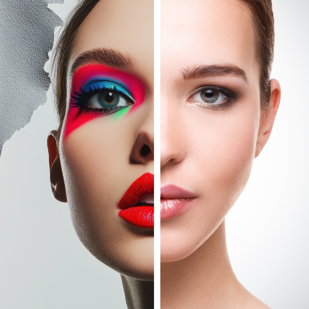 Split image showing dramatic Halloween makeup on one side and fresh healthy skin on the other.