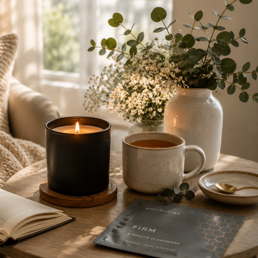 Black DK Spa candle burning beside a mug of tea, an open book, and greenery in a cozy reading nook filled with warm natural light.
