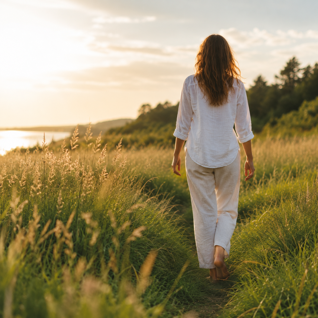 A woman in a white linen shirt and cream pants walks barefoot through a peaceful grassy meadow at sunset, symbolizing slowing down, self-care, and preparing for the busy fall season.