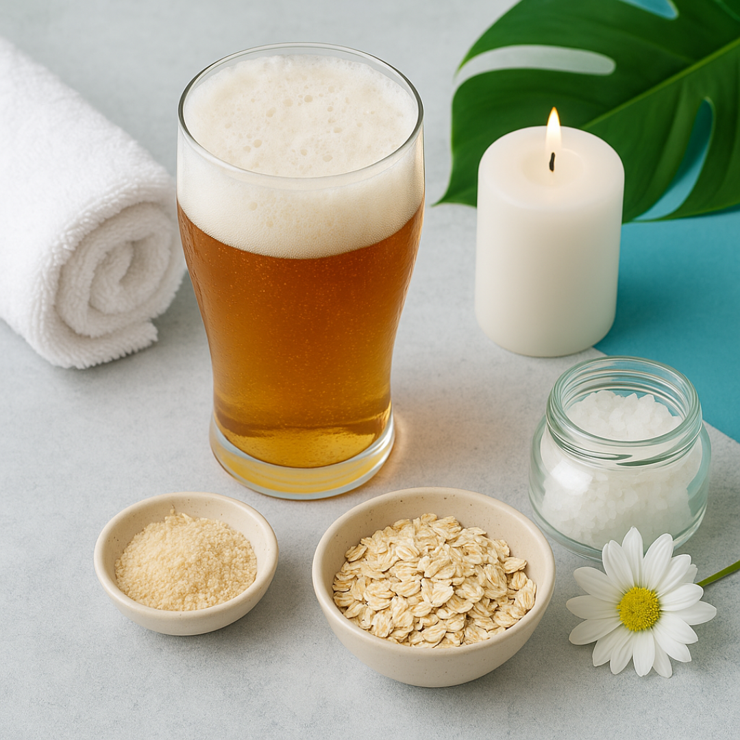 Spa-inspired beer bath setup with hops, towels, and relaxing wellness details