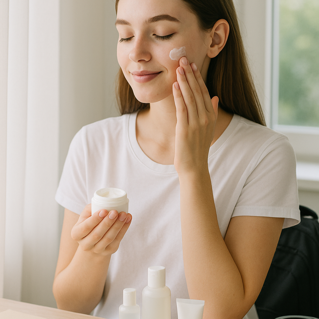 Young woman applying moisturizer as part of her daily skincare routine
