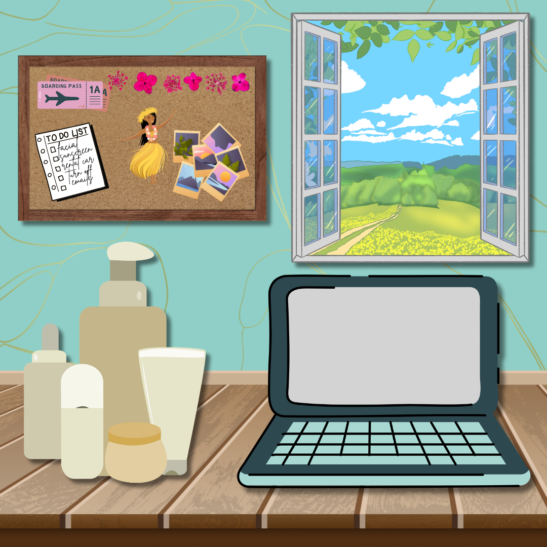 Travel planning scene with skincare products, laptop, boarding pass, and summer destination imagery