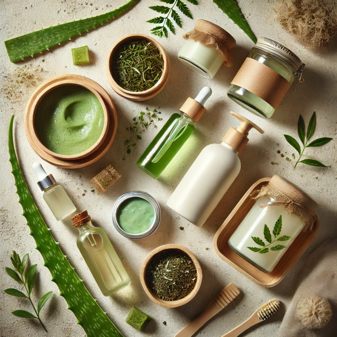 Natural skincare products, aloe, botanicals, and reusable beauty items arranged on a neutral surface