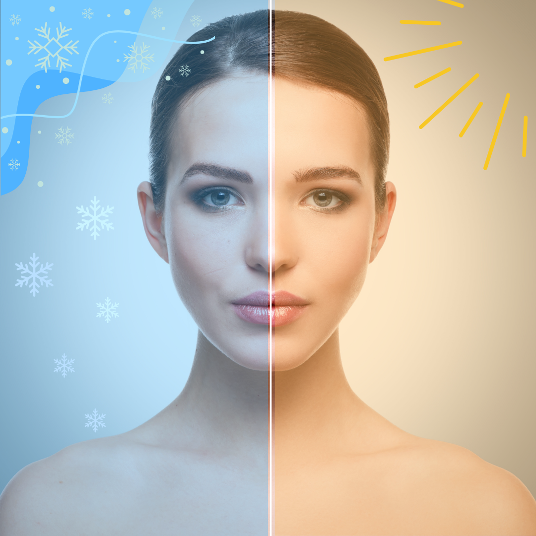 Split seasonal skincare image showing a transition from winter cold to warm spring sunshine