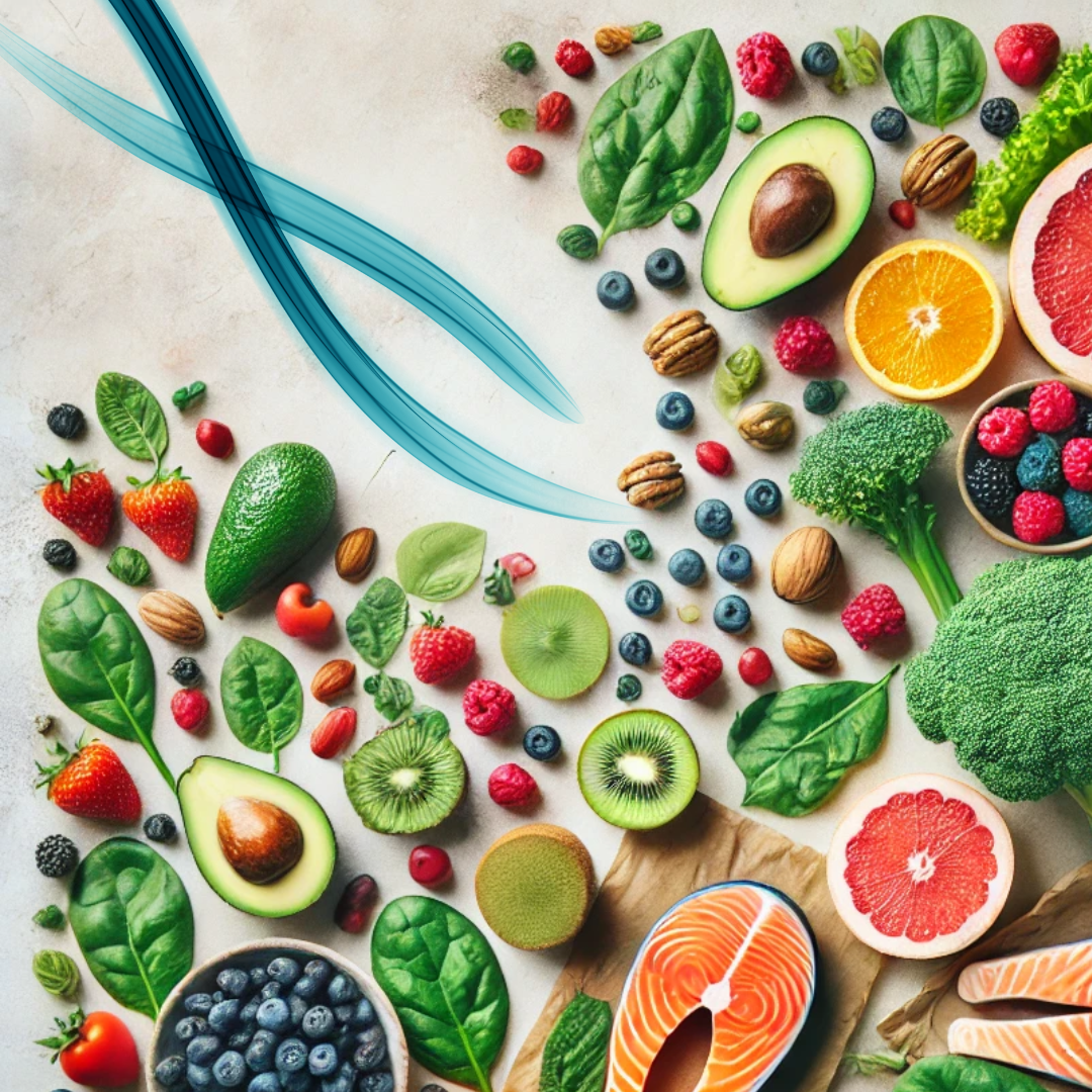 Colorful foods including berries, avocado, greens, citrus, nuts, and salmon associated with healthy nutrition