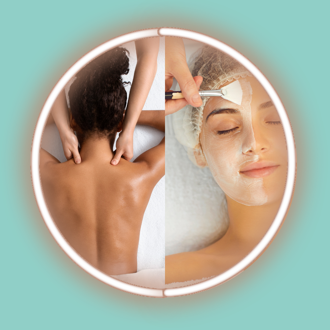 Split image showing a relaxing back massage and a professional facial treatment