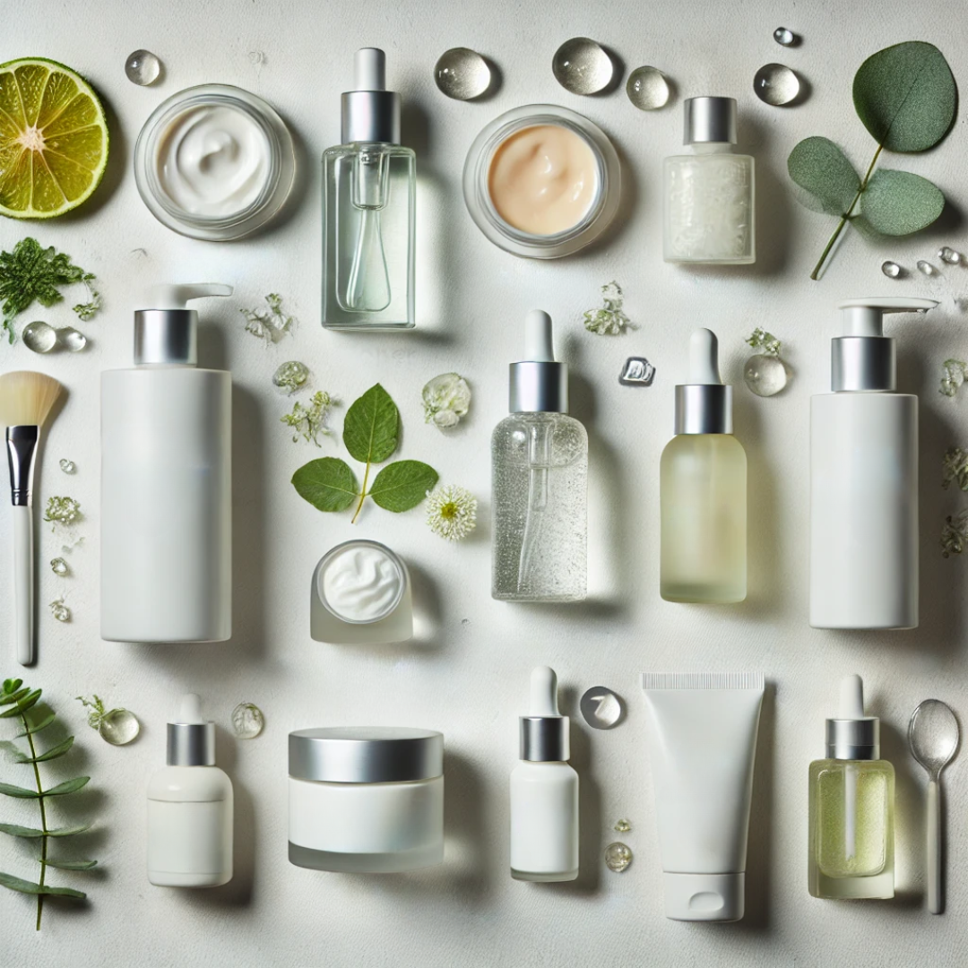 Assorted skincare products including serums, creams, and cleansers arranged together