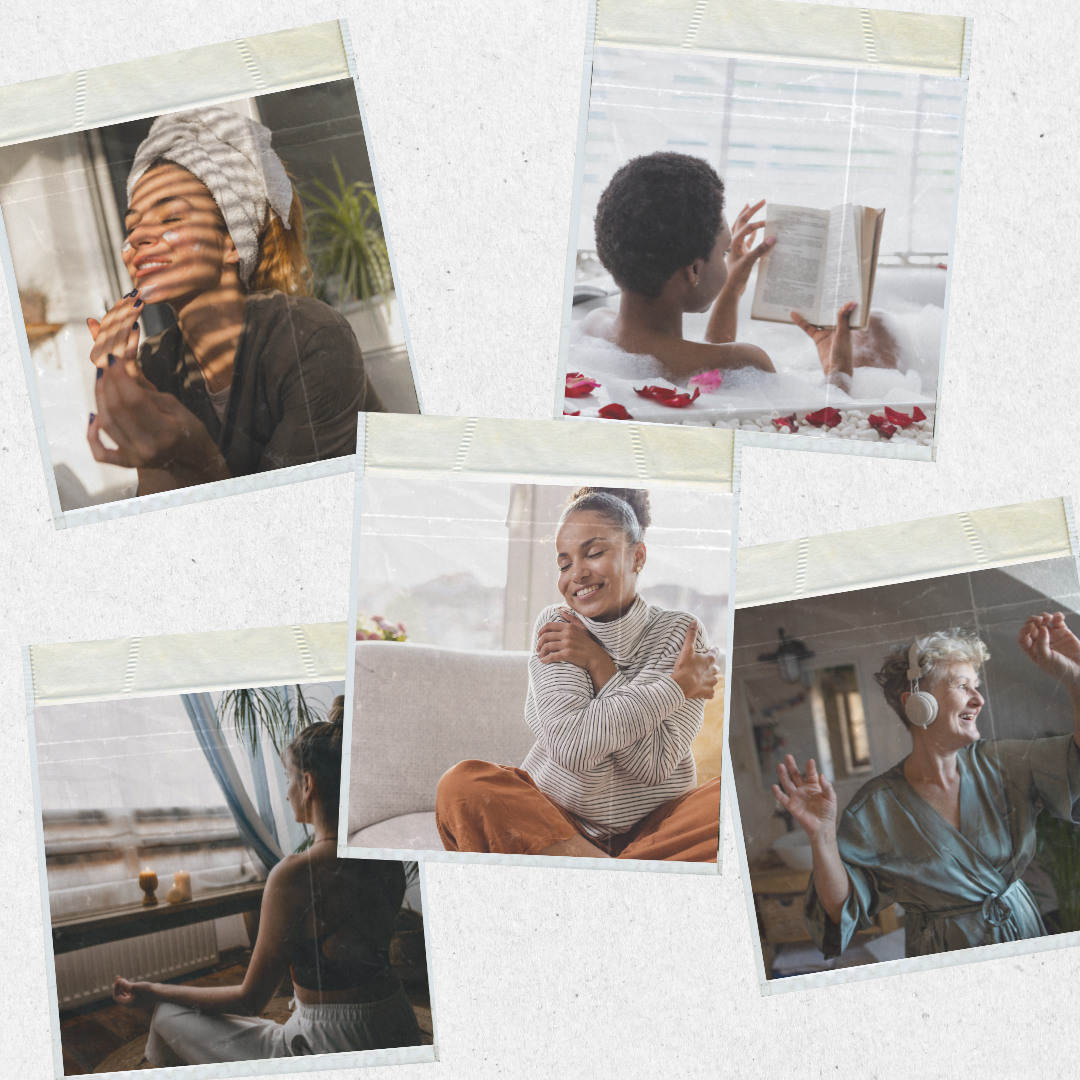 Collage showing different self-care moments including skincare, reading, meditation, relaxation, and dancing