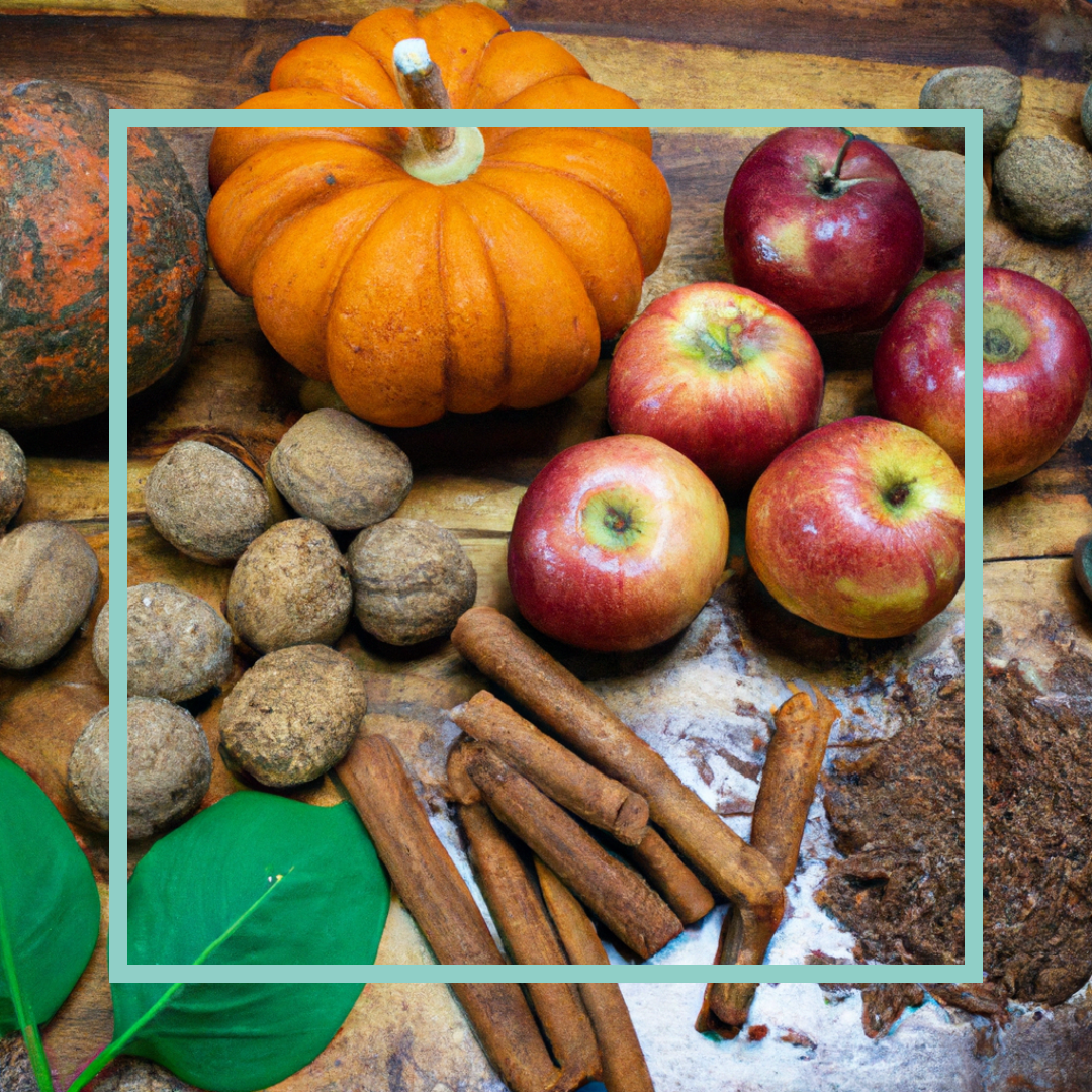 Fall foods including pumpkin, apples, cinnamon, and other seasonal ingredients