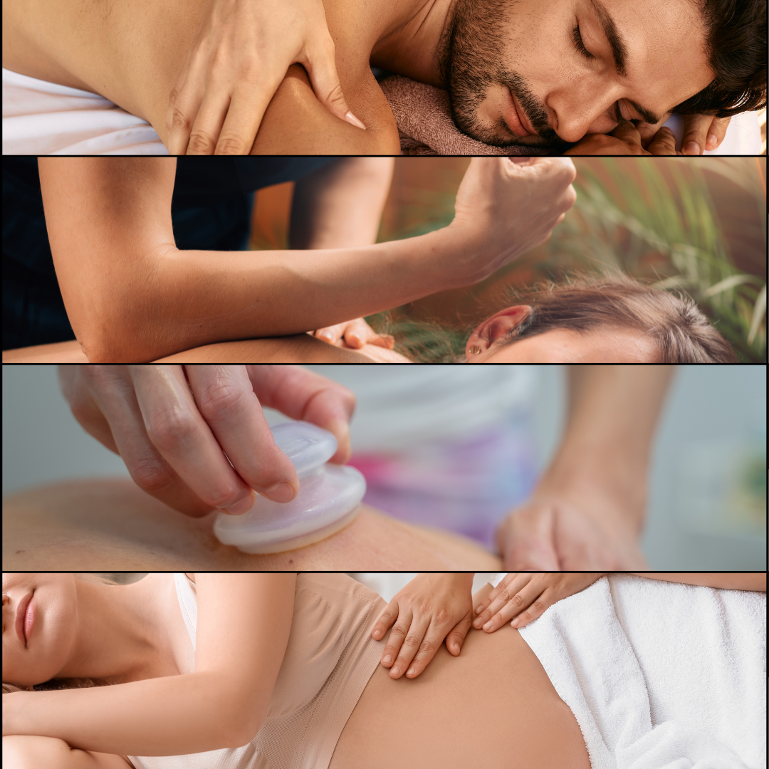 Collage showing several different massage therapy techniques offered at a spa