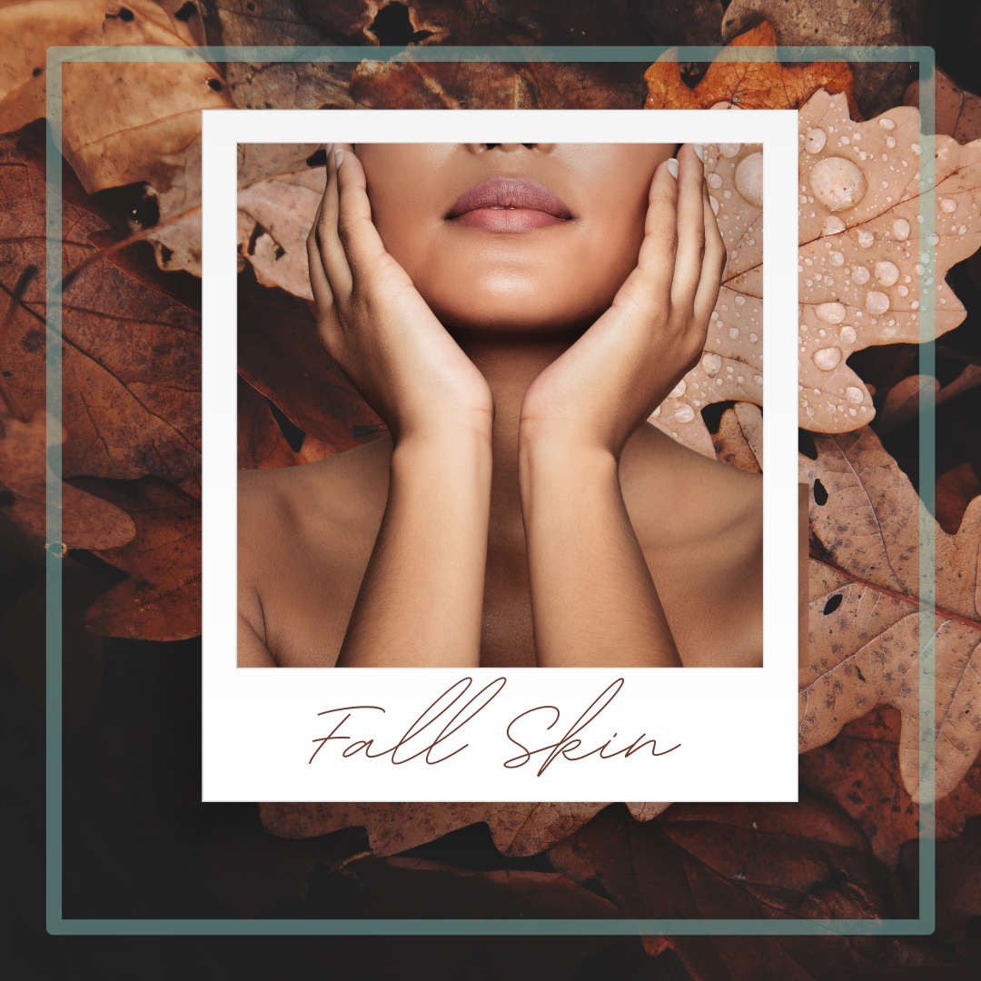 Fall skincare graphic featuring glowing skin surrounded by autumn leaves