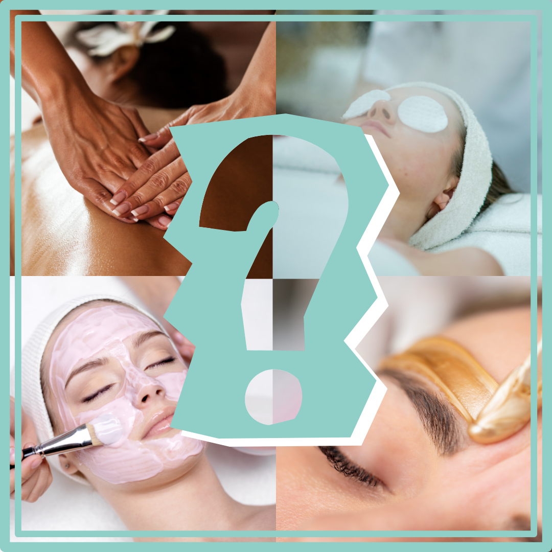 Collage showing massage, facial, skincare, and waxing treatments with a question mark in the center