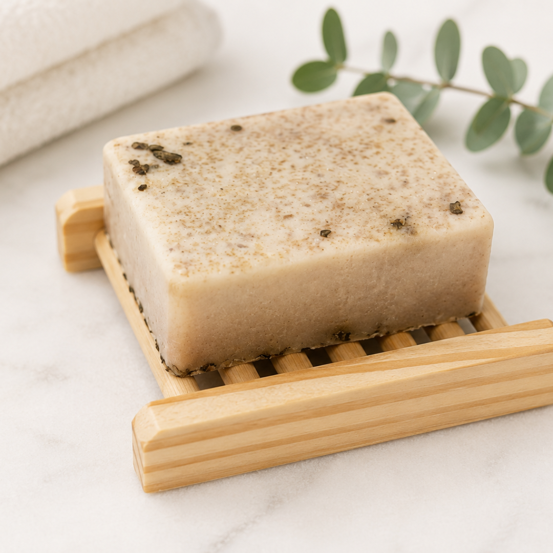 Handmade exfoliating soap on a natural wooden soap dish available at DK Spa.
