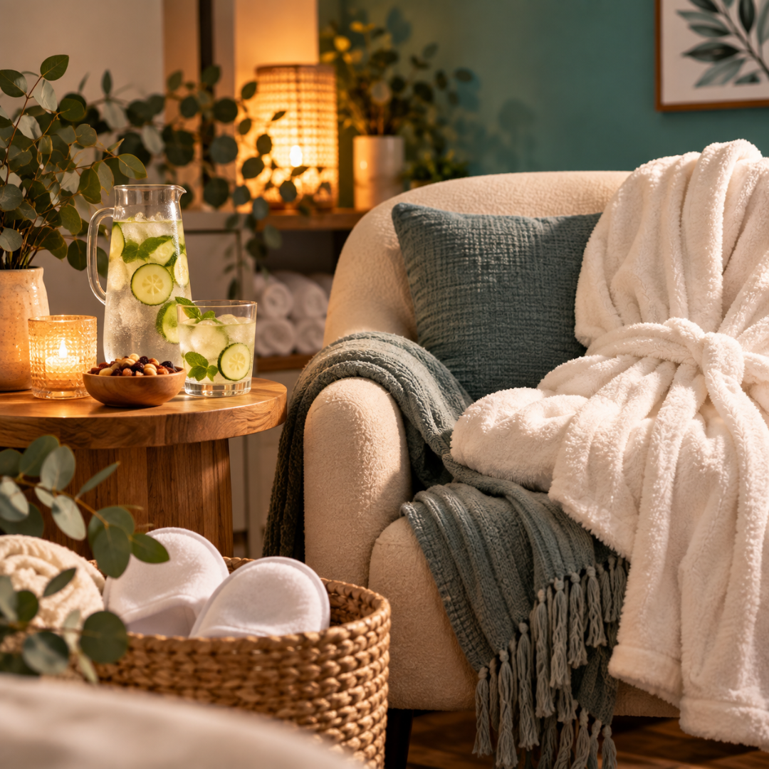 Relaxing Sanctuary Experience with a cozy robe, slippers, cucumber water, and refreshments at DK Spa in Lynnwood, Washington