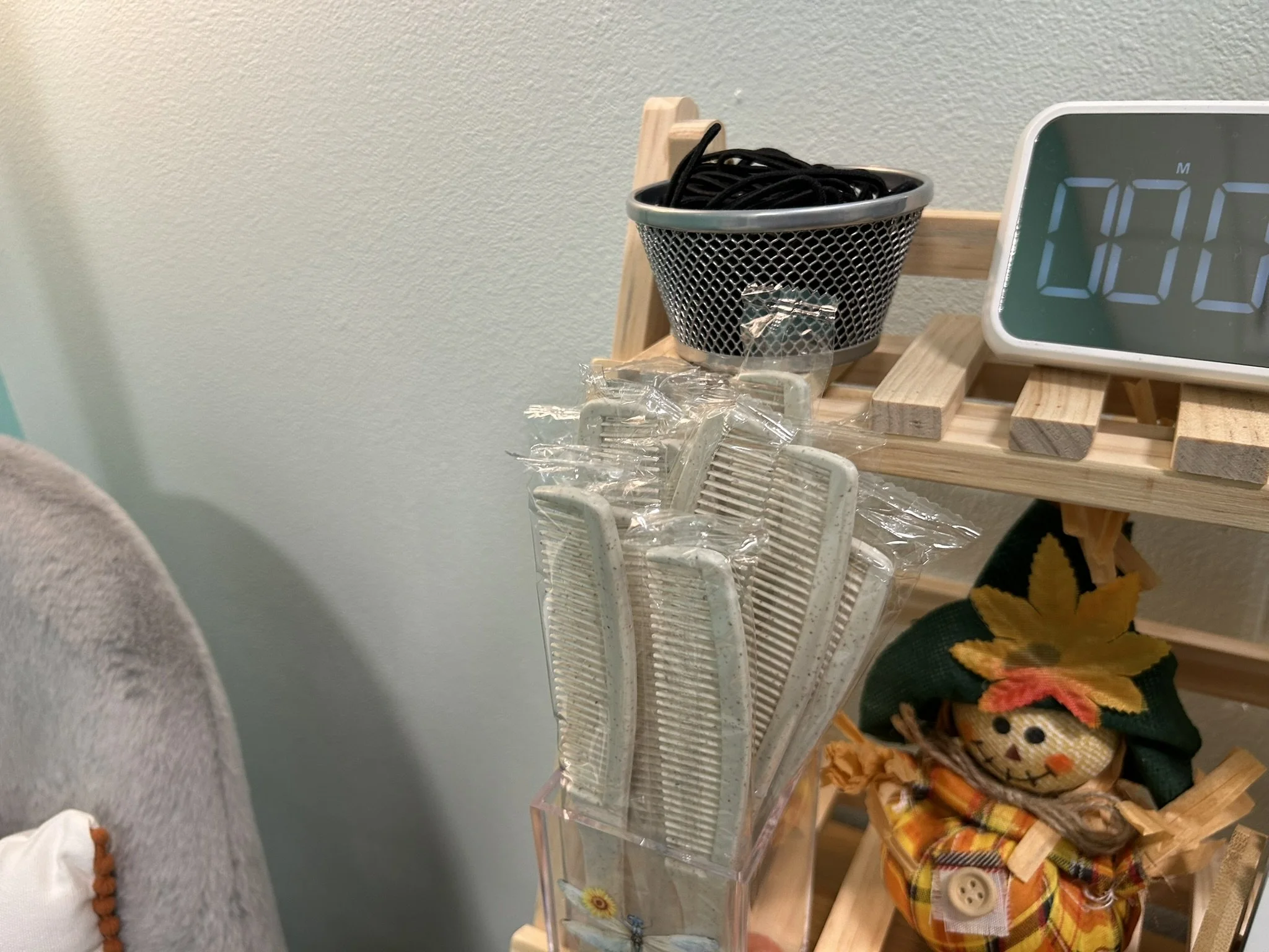 Sanctuary amenities including a timer, combs, hair ties and refreshments at DK Spa in Lynnwood, Washington.