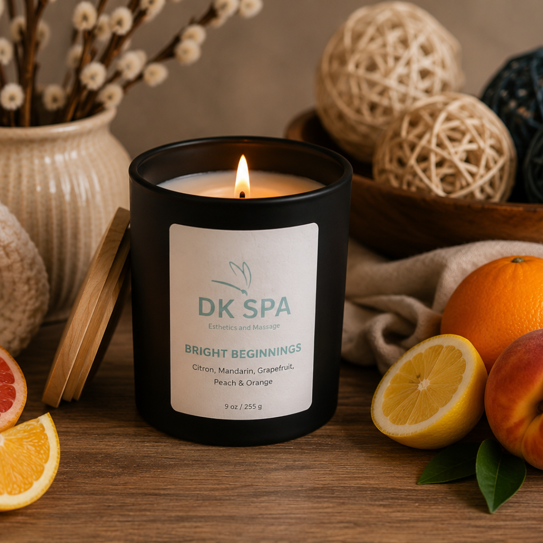 Bright Beginnings candle by DK Spa featuring citrus, mandarin, grapefruit, peach, and orange fragrance notes.
