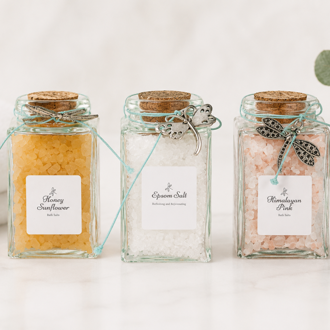 Decorative jars of bath salts including Honey Sunflower, Epsom Salt, and Himalayan Pink available at DK Spa.